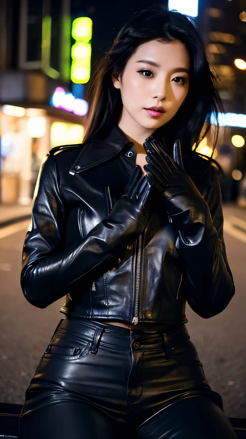 black leather rider jacket, office in the dark, Fingertips of black leather gloves on both hands,wearing black leather gloves,sitting in a black leather chair、 Japanese female new employee (black leather gloves cover both hands) (The angle is horizontal)、black leather leather pants,black leather black leather pants,black leather skinny pants、Long black leather boots on both feet、black hair ponytail ((He wears black leather gloves on his hands))Full Body Photo,full body shot full body full body leather suit,☺If you turn in this direction。wearing black leather gloves,wearing black leather gloves,wearing black leather gloves,wearing black leather gloves,wearing black leather gloves,wearing black leather gloves,黒のレザーパンツが美しい😍黒のレザーパンツが美しい😍黒のレザーパンツが美しい,😍I'm smiling while looking at you,City lights、((Neon Cyberpunk City Street:1.3))、(Neon Light)、Detailed lighting、
Best image quality、Ultra-high resolution、(realism:1.4)、korean beauty star、The most beautiful KPOP stars、face、horny korean makeup、A body that makes you want to touch it、Realistic leather texture、Costume made of smooth leather fabric、The drape of the curved parts of the leather fabric、The costume has a strong shine、costume quality、8K Photo Quality