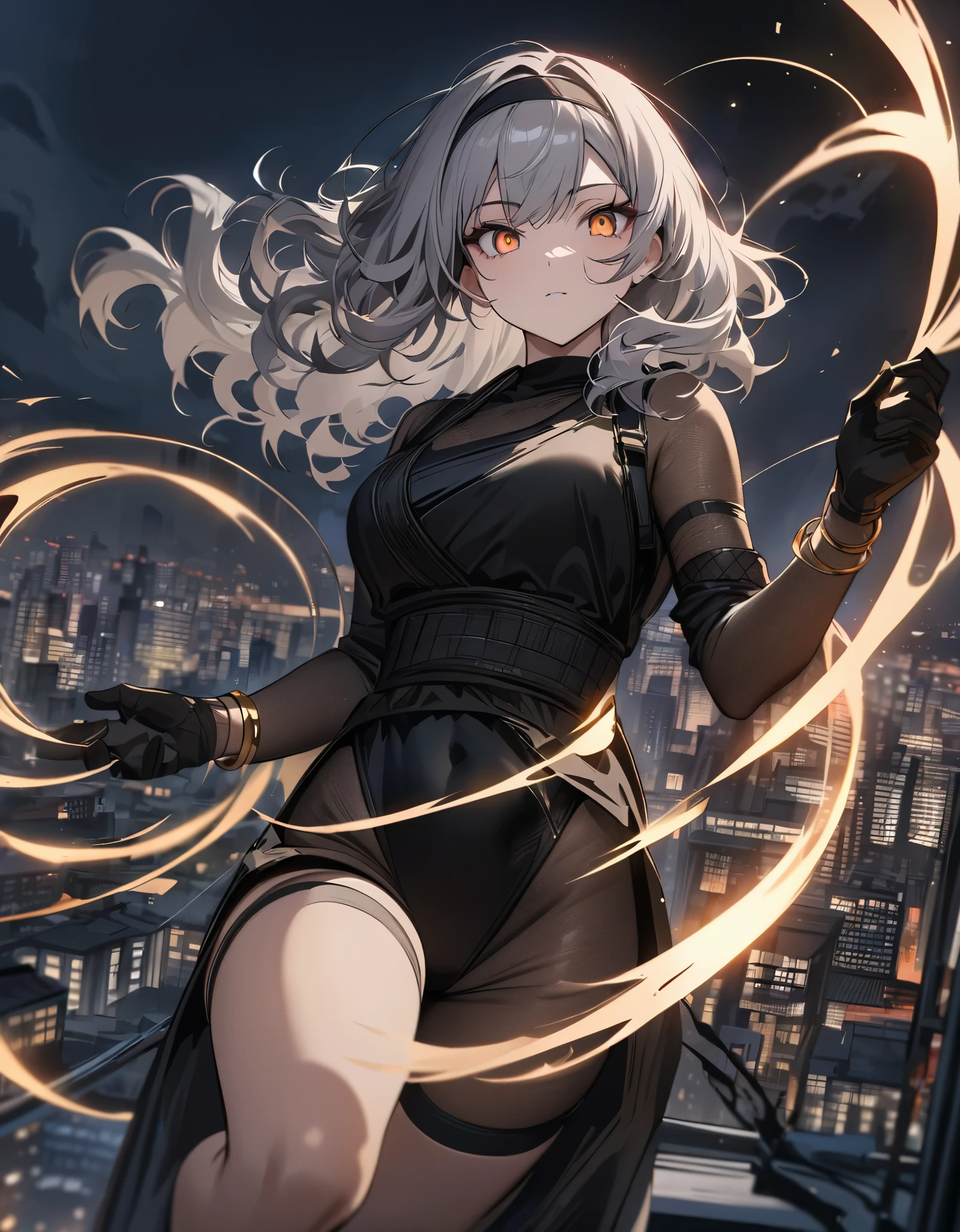 masterpiece, best quality, 1girl, grey hair, shoulder length hair, wavy hair, black hairband, auburn eyes, beautiful detailed eyes, beautiful detailed face, cute face, stoic, professional, ninja, black leotard, black tactical gloves, bare legs, gold bracelets, black thigh-high boots, cityscape, night, noir atmosphere. she spins at an incredible speed, creating a whirlwind of air around her, spiral lines around her.