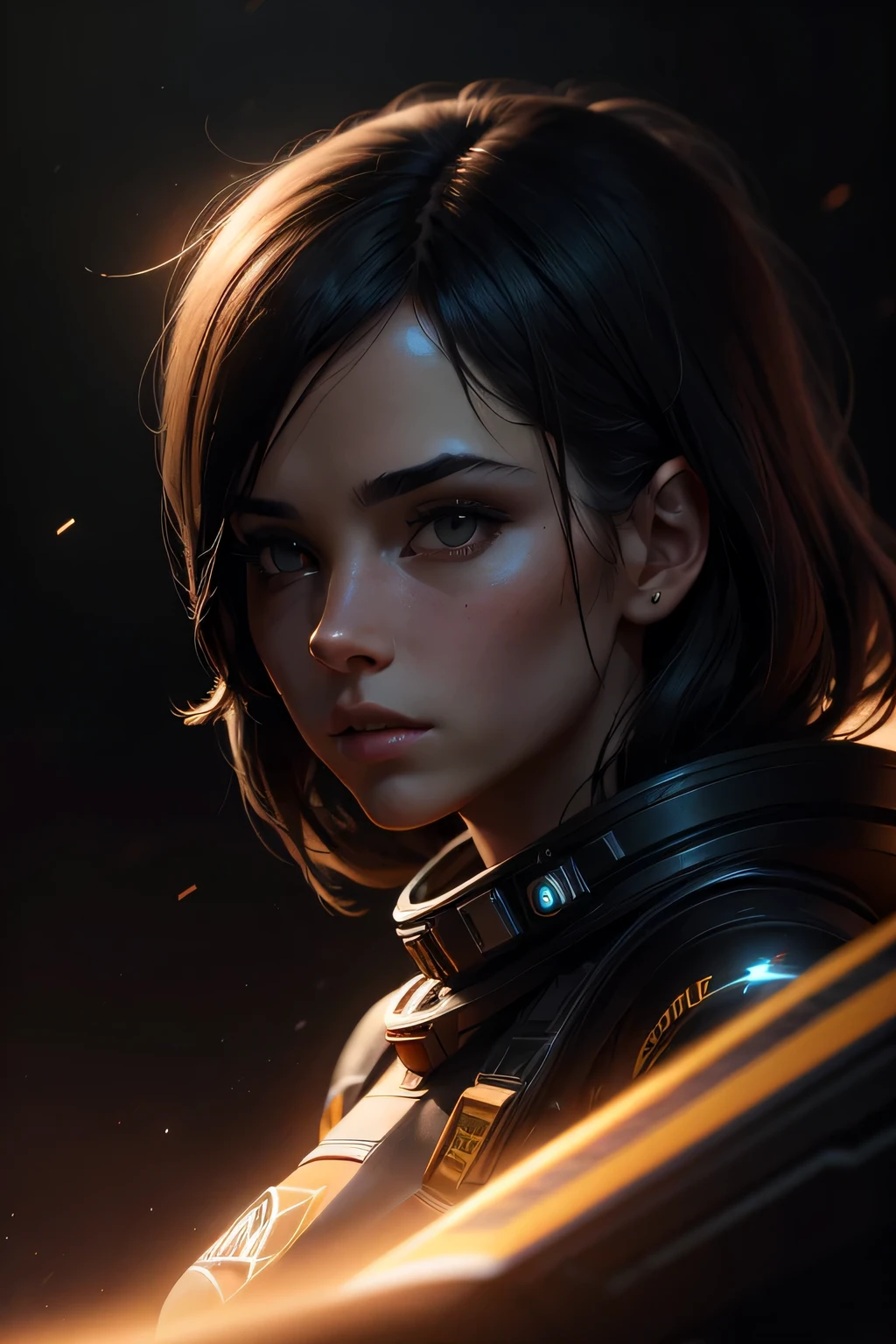 A long shot of a cinematic photo of a female space, black simple background, octane render, high quality, 24k photorealistic, good face