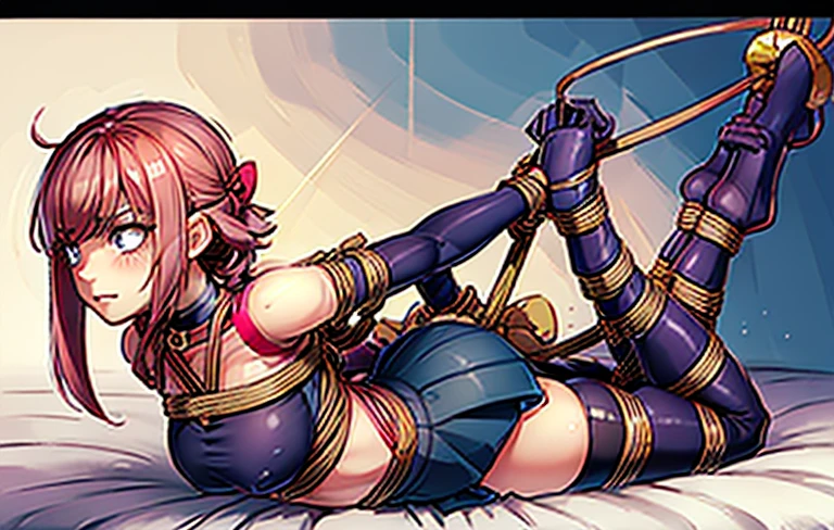 melodiebs, 1girl, solo, Melodie, idol, musical notes, pink hair, big bow, elbow gloves, black crop top, yellow skirt, thighhighs, fur stole, choker, pink boots (with X), cute and blushing 18 years old anime girl, look away because she is embarrassed and blushes, bright blue eyes, detailed face, detailed members, detailed arms, detailed hands, Girl lying, tied by ropes, shackled, can no longer move, tied tightly, very hard tied up with lots of ropes, hampered by so many ropes that she can no longer move, bound hands and feet, ropes tie his whole body, tied extremely tightly and forcefully to her bed by a lot of ropes, its limbs are strongly tied together by ropes, his torso is tied up with thick cords, her chest is so tied up with ropes that it sticks out, her legs are tied tightly with thick ropes, his hands are tied behind his back with ropes, she can no longer move her feet, her hands which are tied by thick ropes, she desperately tries to free herself, likes to be tied tight with big ropes, likes to be immobilized by big ropes, lying down, his hands and feet are strongly tied to the railing of his bed, his legs are pressed together and tied with ropes, its limbs are held vigorously by imposing ropes, her hands are tied securely behind her back by ropes, her chest is compressed by strong ropes, she is pressed against her bed and restrained by large ropes, (shibari, arms behind the back:1.4), (hands on the back), (masterpiece, best quality) 1.5, 1girl, solo, (sexy, beautiful woman, perfect face, perfect eyes, perfect hands), samus aran, (hands on the back), Spread the legs, s' ((lie in bed by big ropes)), ((close up of the girl)), ((((lie in bed)))), ((((arms tied behind the back, Legs Tied,La fille est allongée sur le ventre, La fille est allongée sur le sol:1.5)))), ((((girl seen from behind:1.4)))), ((((girl lying down on her stomach:1.4)))), ((((Outstretched arms:1.5)))), ((((Detailed hands:1.5))))