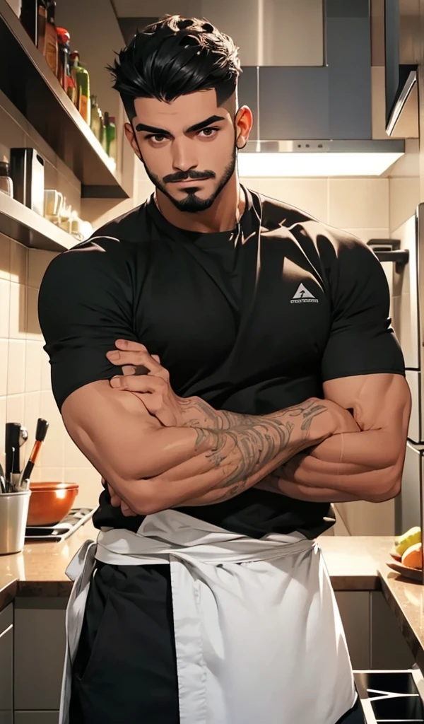 Hombre maduro daddy, musculoso, fornido, piel clara, alto, atractivo, masculino, cabello negro, pocas canas, cabello peinado. Ojos azules, cicatriz mejilla, barba afeitada, chef, arremangado, brazos fuertes, cicatriz en brazos, tatuaje brazo, cigarrillo, black pants, sentado de frente, piernas abiertas, pose relajada, sonrisa, looking at the camera, pose sensual, High Definition, colorido, alta calida. Fondo frio, cocina.