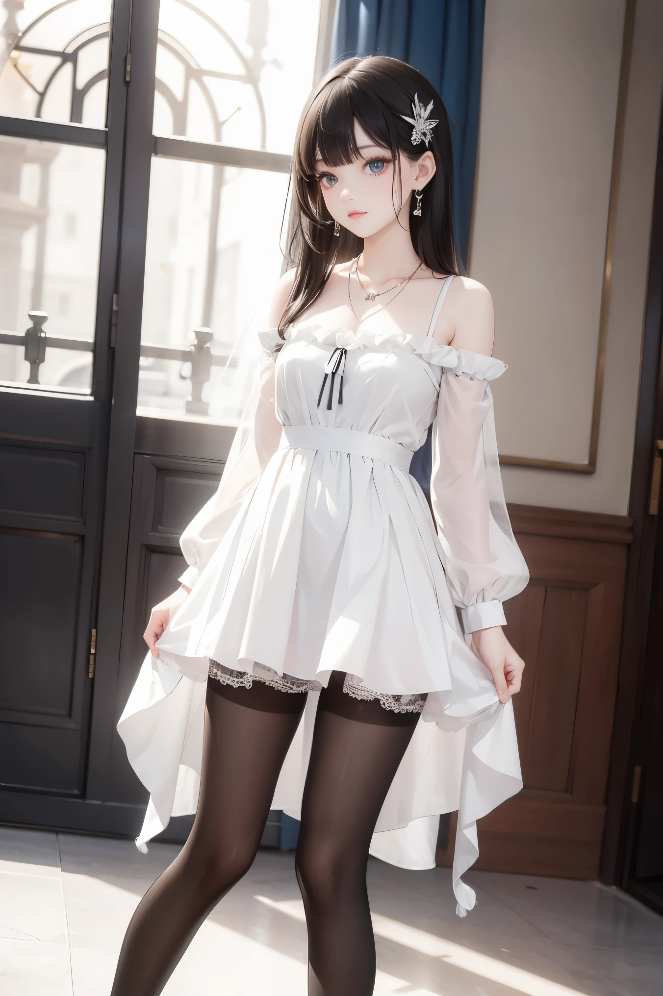 Realism: 1.3, masterpiece, highest quality, high resolution, details: 1.2, 1 girl, hair clip, beautiful face, delicate eyes, tassel earrings, necklace, ribbon, elegant standing posture, aesthetics, movie lighting, ray tracing, depth of field, layering, fluttering, lace whole body, one foot white pantyhose, one foot black pantyhose