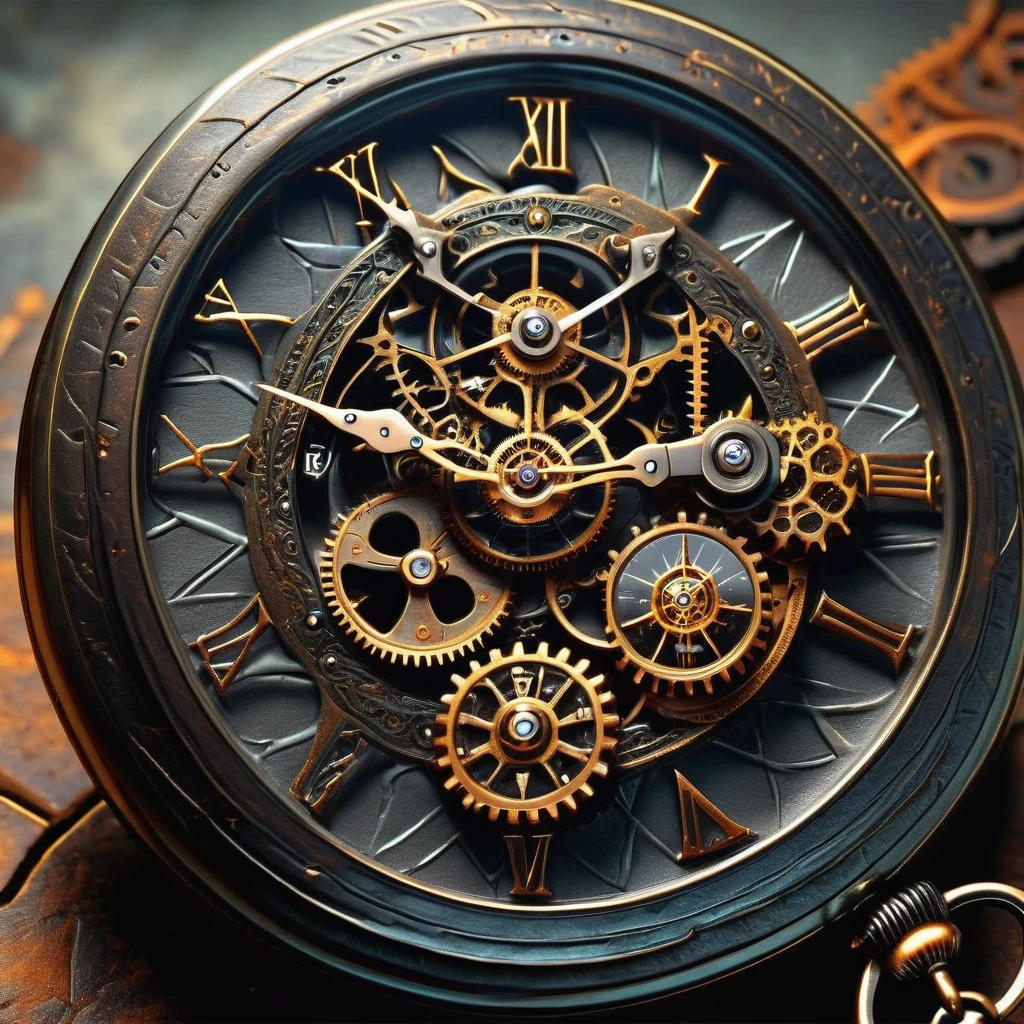 hyper detailed masterpiece, dynamic, awesome quality, DonM0ccul7Ru57XL murky pocket watch showing gears, large black clock hands, no time markings, rust, occult, radiating light, 