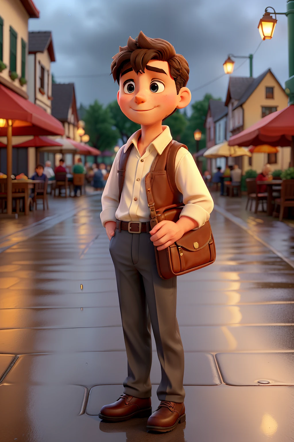 In the quaint little town square, amidst the gentle drizzle, stands a young boy named Dick. He clutches a fresh loaf of bread tightly against his chest, its aroma wafting through the air, filling his senses with a delightful warmth. The cobblestone street reflects the soft glow of the streetlights, and each raindrop that lands on the bread's surface leaves a small, perfect impression. Dick's eyes light up with anticipation, his thoughts filled with the comforting thought of a warm, fulfilling meal to come. The sound of raindrops hitting the pavement creates a soothing symphony, providing a sense of tranquility as Dick takes a bite, s