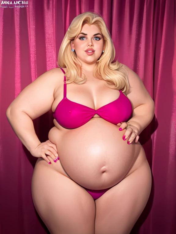 Anna Nicole Smith, pink bikini, chubby body,bbw, morbidly obese, fat, Big pregnant round belly, uncomfortable, holding belly