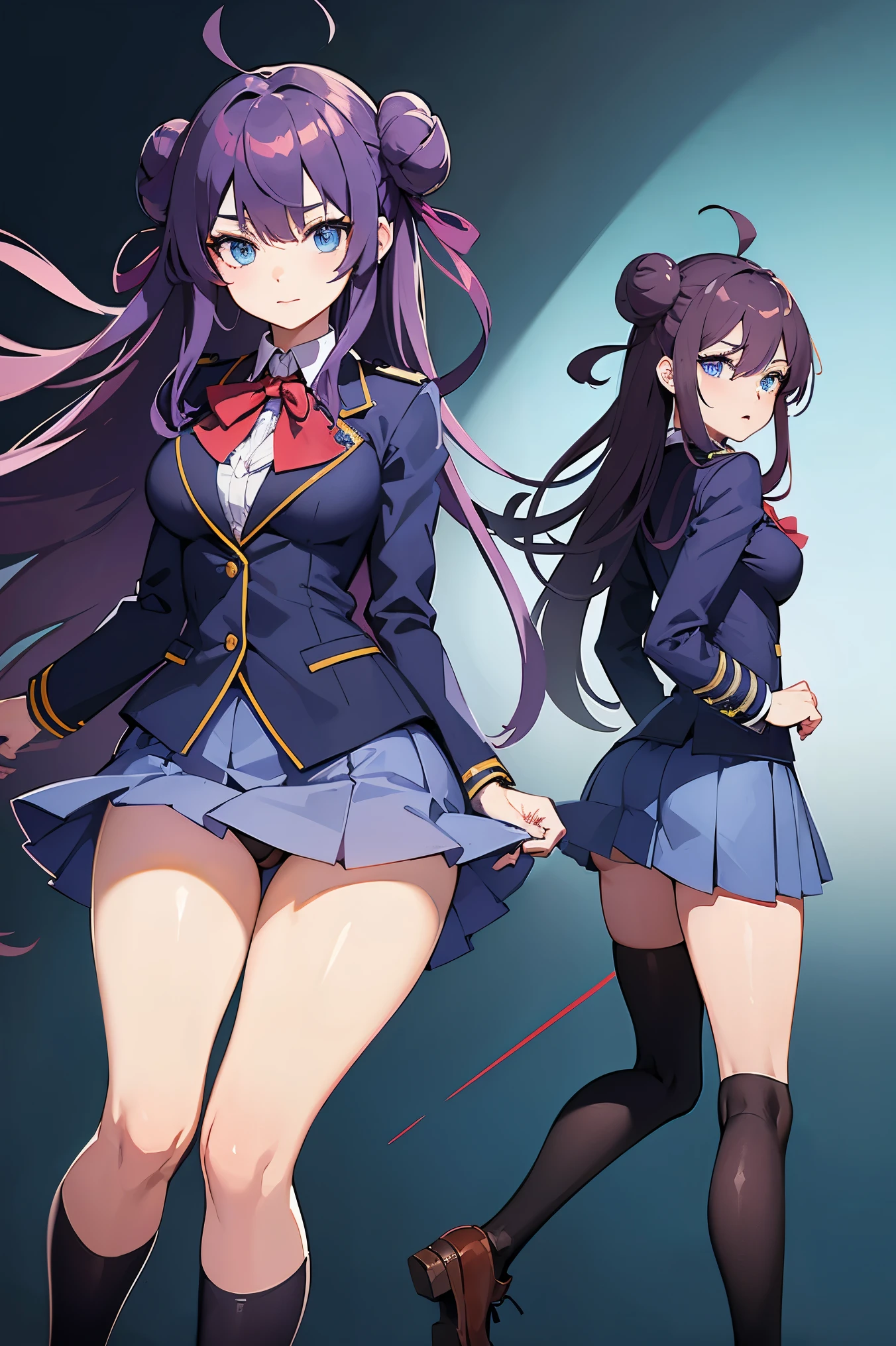 masterpiece, perfect anatomy, hd, ultra quality, high definition quality, best quality, perfect face, anime, adult woman, expressive blue eyes, in schooluniform, purple long hair, with buns, happy, fullbody
