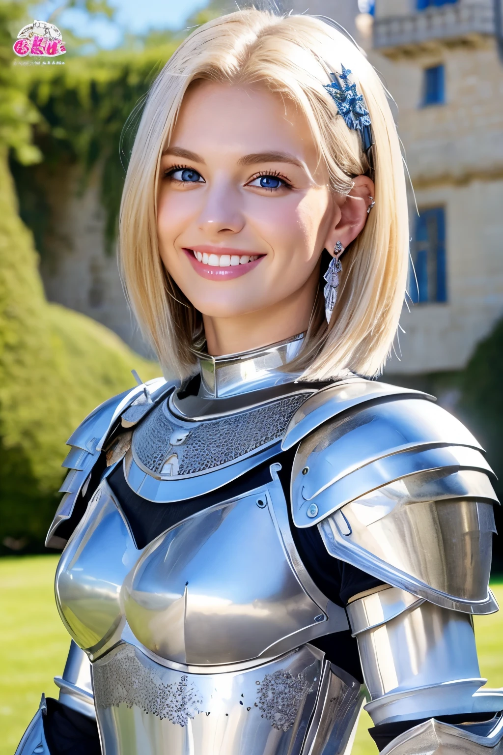 8K、highest quality、female knight、Luxurious Silver Armor、、hairstyle short cut、smile、smile、Full body photo、ear piercing、blonde、White woman、blue eyes、Heavy makeup、The background is the interior of the castle....