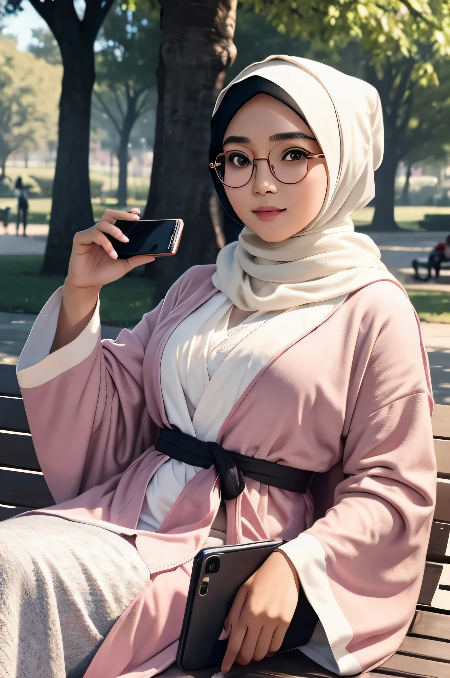Detailed face of half body photo. 25 year old Indonesian girl with a sweet face, big round face and , round glasses, wearing a modern robe and modern hijab while playing on your cellphone in the park