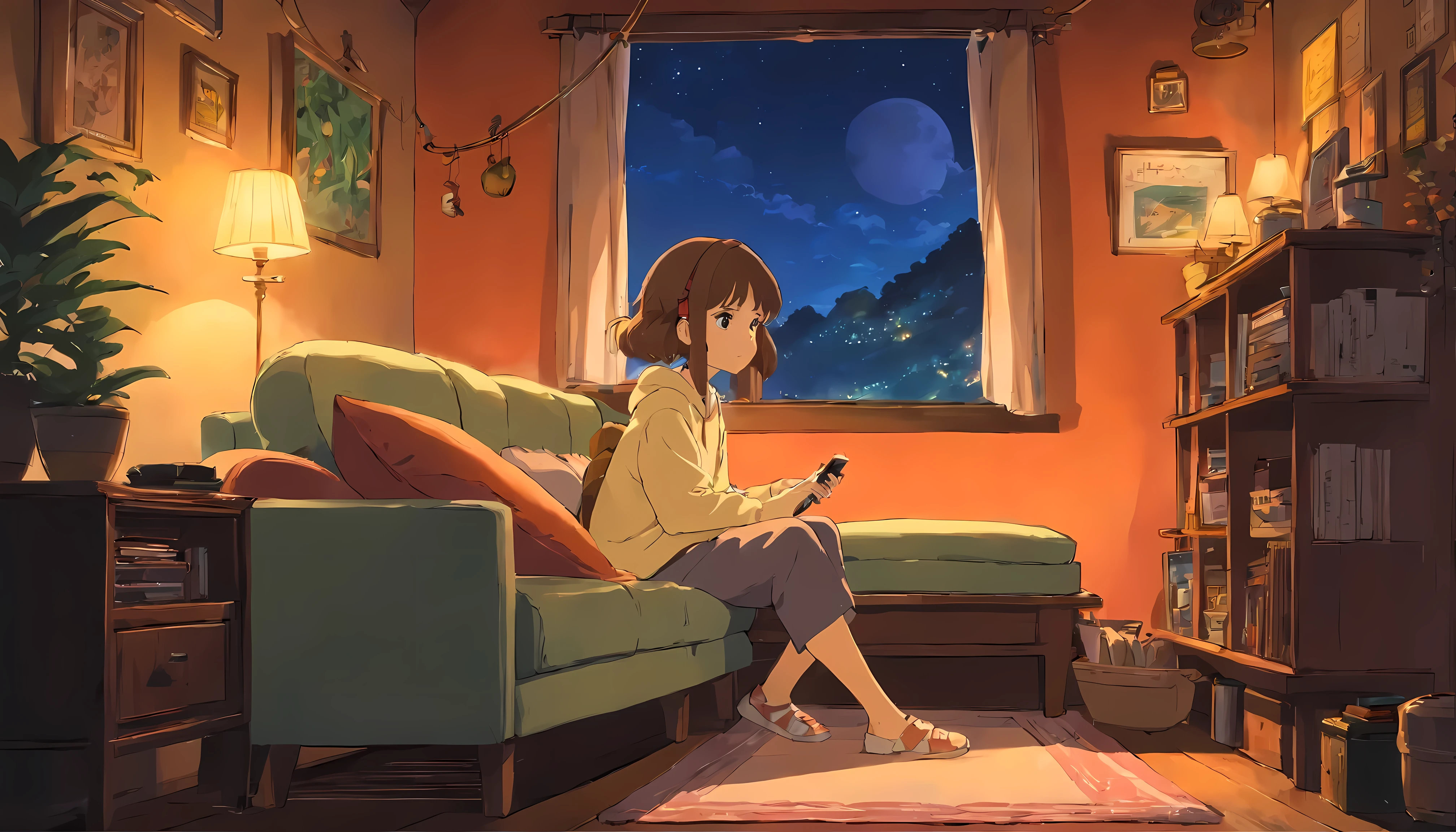 Girl sitting listening to music in a cozy room at night, Usando fones de ouvido, Anime estilo 2D, Lo-fi, disco Rigido, Ambiente escuro