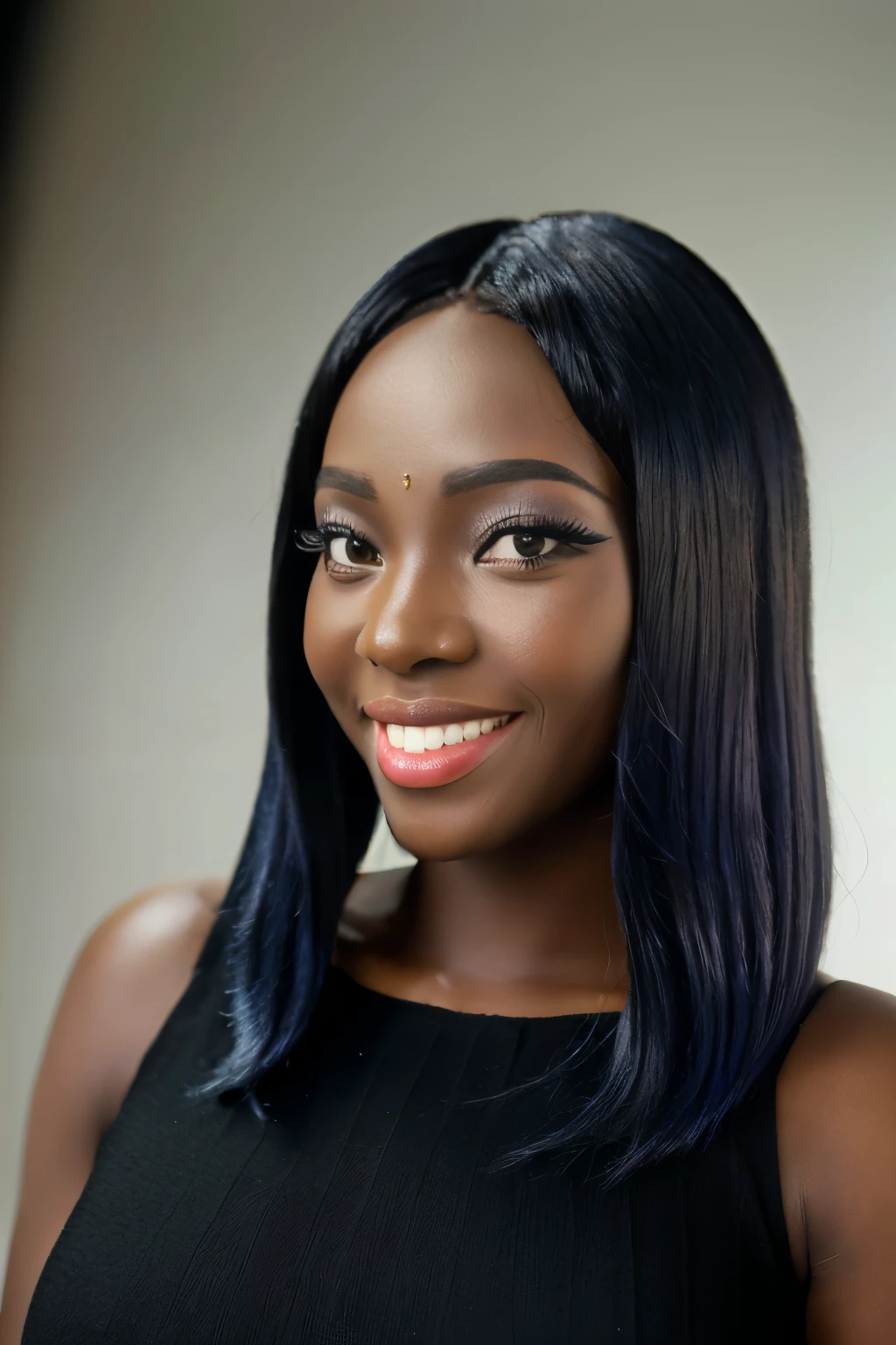 Tight close-up portrait of a beautiful African lady with a beautiful smile, curvy body, who's wearing a black bonestraight wig, masterpiece, 8k photorealism, well-detailed, wearing a beautiful outfit. studio setting, white studio background