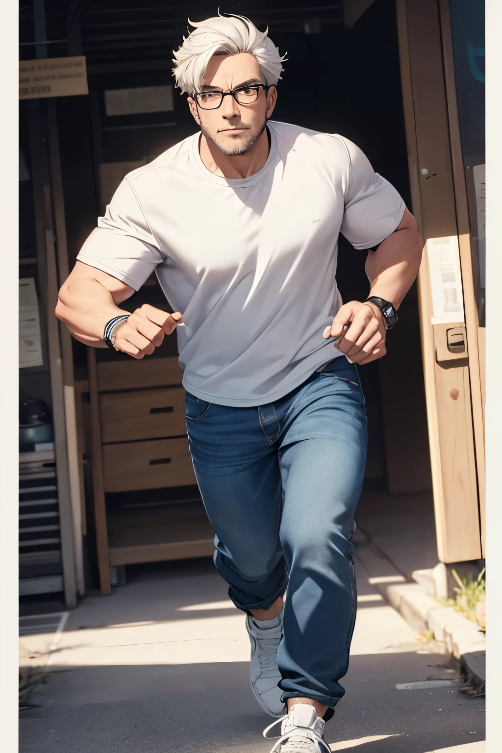 Nerd Running: A Detailed 8K Unity CG Picture

A nerd, deeply engrossed in thoughts, is seen jogging with a focused expression on his face. His glasses softly frame his pale, intelligent features, which are illuminated by the dramatic, yet natural light casting long, engaging shadows. The ultrarealistic 8K CG depicts every detail of his iconic nerd attire, from the wrinkles on his T-shirt to the frayed edges of his oversized jeans. His slender body type is accentuated by the loose-fitting yet well- worn clothing, while the precise details of his sneakers and sockless feet add authenticity to the