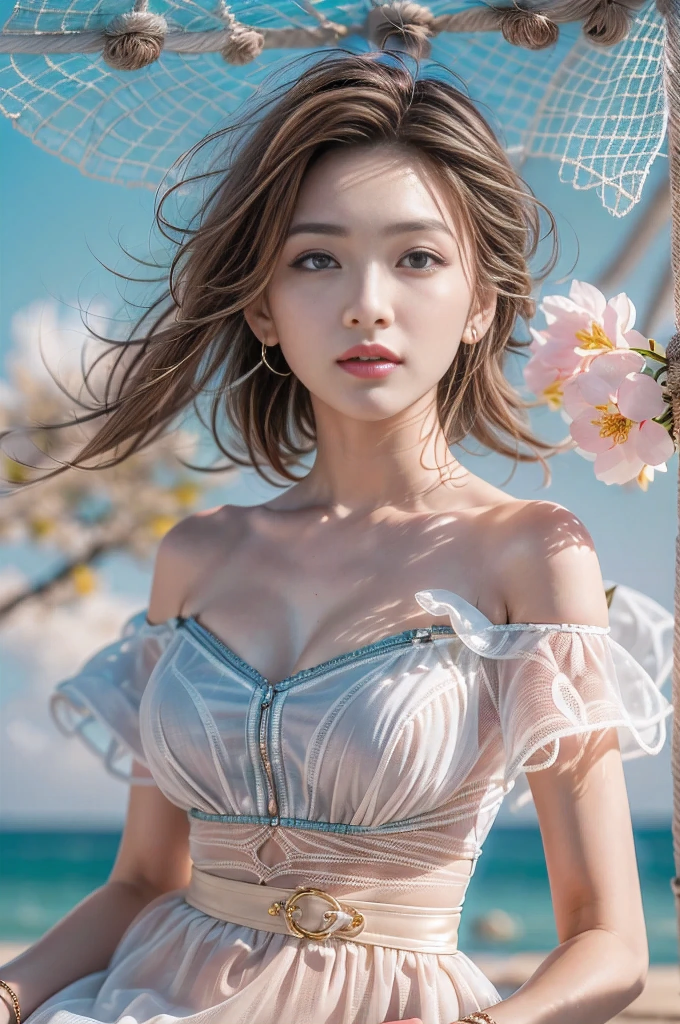 ((Ultra-realistic最high quality))16k resolution, ((photo realistic:1.55)), (1girl:1.4) 21years old、fashion supermodel、cinematic lighting, (Increase quality:1.2), (best quality real texture skin:1.2), Beautiful and charming woman in fashion trend, full body: 1.6, holding flowers, random hairstyle, sitting under a parasol, by the sea, tight slip dress random color, wind blowing hair, blue sky and white clouds, delicate sexy collarbone, covering chest, charming goose egg face, double eyelids, smart peach blossom eyes, pink lips, small upturned nose, bare shoulders, focused face, face close-up, ultra-high definition, super detail, ultra-thin translucency, fresh and good, see-through, pink