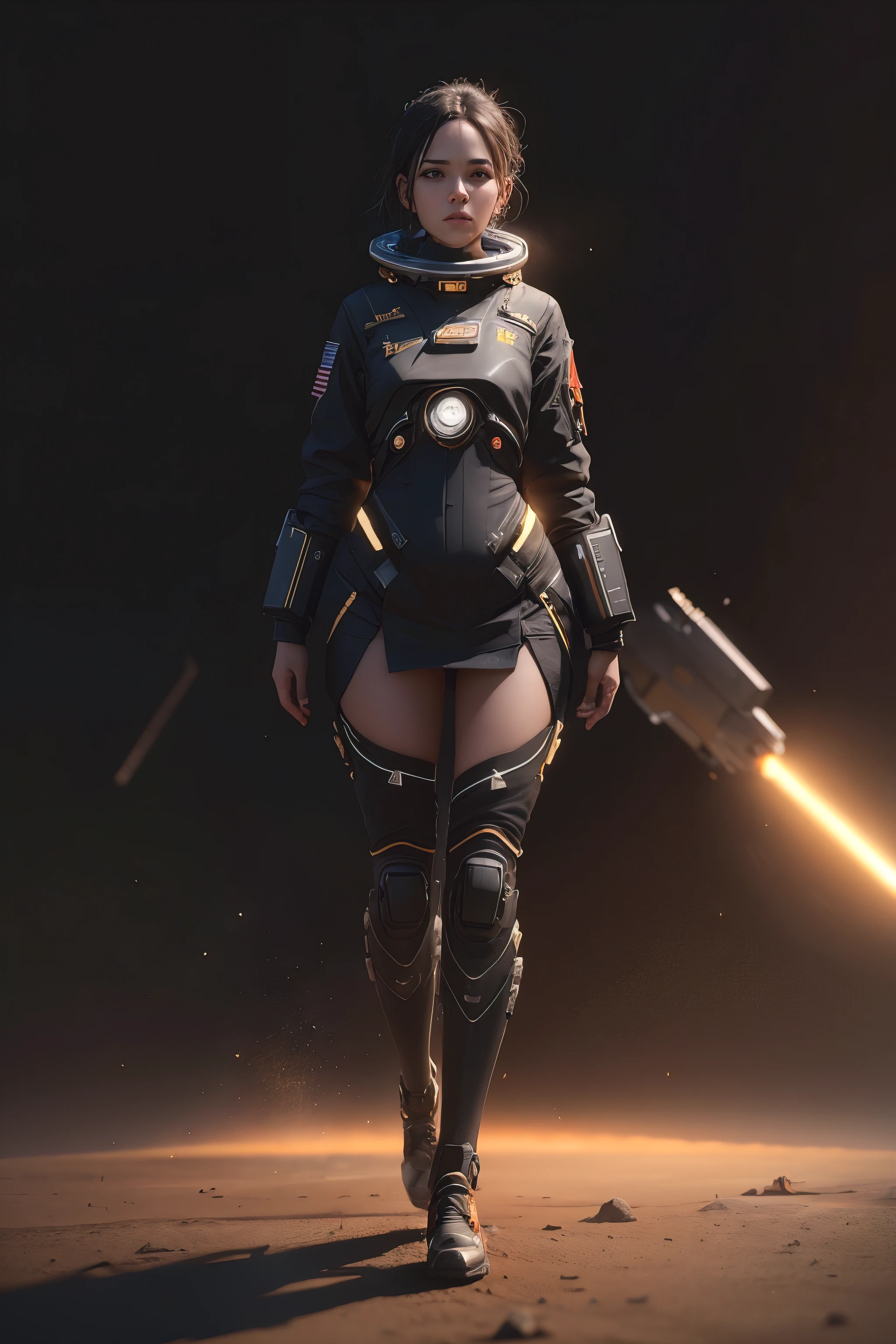 A long shot of a cinematic photo of a female space, simple black background, full body, octane render, high quality, 24k photorealistic, good face