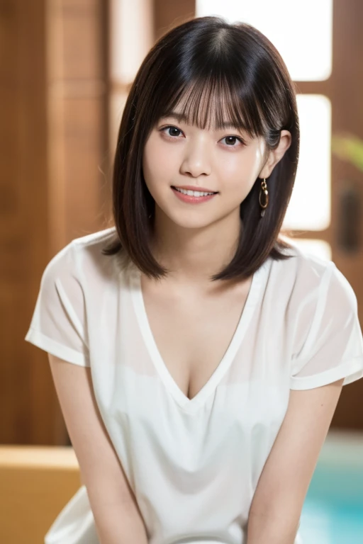 Tabletop, highest quality, 8k, , 15-yr-oirl, Photos, Absurd, Award-winning portraits, smile, alone, (noon:1.8), Idol's face, Delicate girl, Black Hair, Shortcuts, short hair, Bobcut, Upper Body, , White blouse, Short sleeve, White collar blouse, Thin fabric, the skin is transparent, No bra, not wearing a bra, ((Nipples are visible)), Cleavage, Digital single-lens reflex camera, Looking at the audience, Frank, Sophisticated, Thick arms, Professional Lighting, Film Grain, chromatic aberration, (Eye and facial details:1.0), (Bokeh:1.1) , (White Shirt Blouse:1.1) , Cleavage. Open your mouth ,smile, smile, Black Haired , Drooling eyes , Big and ample breasts , Fuller lips, White skin、smooth and beautiful thighs、Head to thigh photo