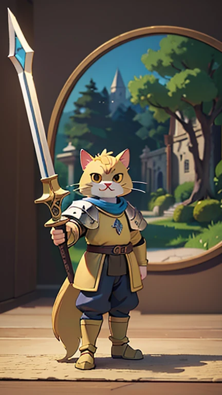 A cat knight in Medieval armor holding a long sword, com um olhar determinado, tendo como pano de fundo um antigo castelo e uma floresta densa. average: illustration, average: 3D rendering, (melhor qualidade,4K,8k,high resolution,obra de arte:1.2),ultra-detalhado,(realista,photorealista,photo-realista:1.37), HDR, lighting de estúdio, extreme detailed description, cores vivas, sharp focus. Estilo de arte: fantasia, Medieval, animal, Action. tom de cor: Escuro, tons terrosos. lighting: dramatic, enfatizando sombras e realces.