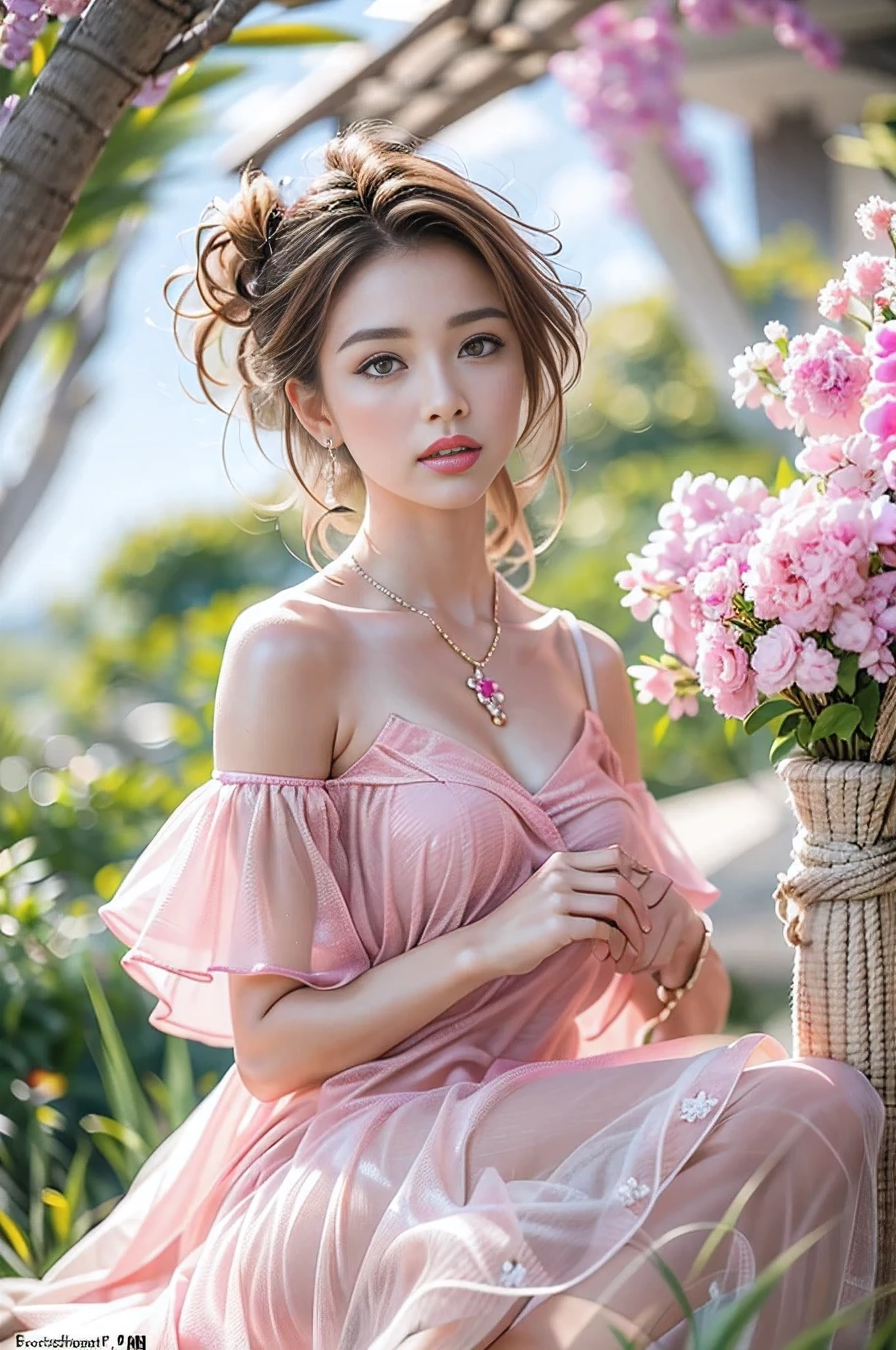 ((Ultra-realistic最high quality))16k resolution, ((photo realistic:1.55)), (1girl:1.4) 21years old、fashion supermodel、cinematic lighting, (Increase quality:1.2), (best quality real texture skin:1.2), Beautiful and charming woman in fashion trend, full body: 1.6, holding flowers, random hairstyle, sitting under a parasol, by the sea, tight slip dress random color, wind blowing hair, blue sky and white clouds, delicate sexy collarbone, covering chest, charming goose egg face, double eyelids, smart peach blossom eyes, pink lips, small upturned nose, bare shoulders, focused face, face close-up, ultra-high definition, super detail, ultra-thin translucency, fresh and good, see-through, pink