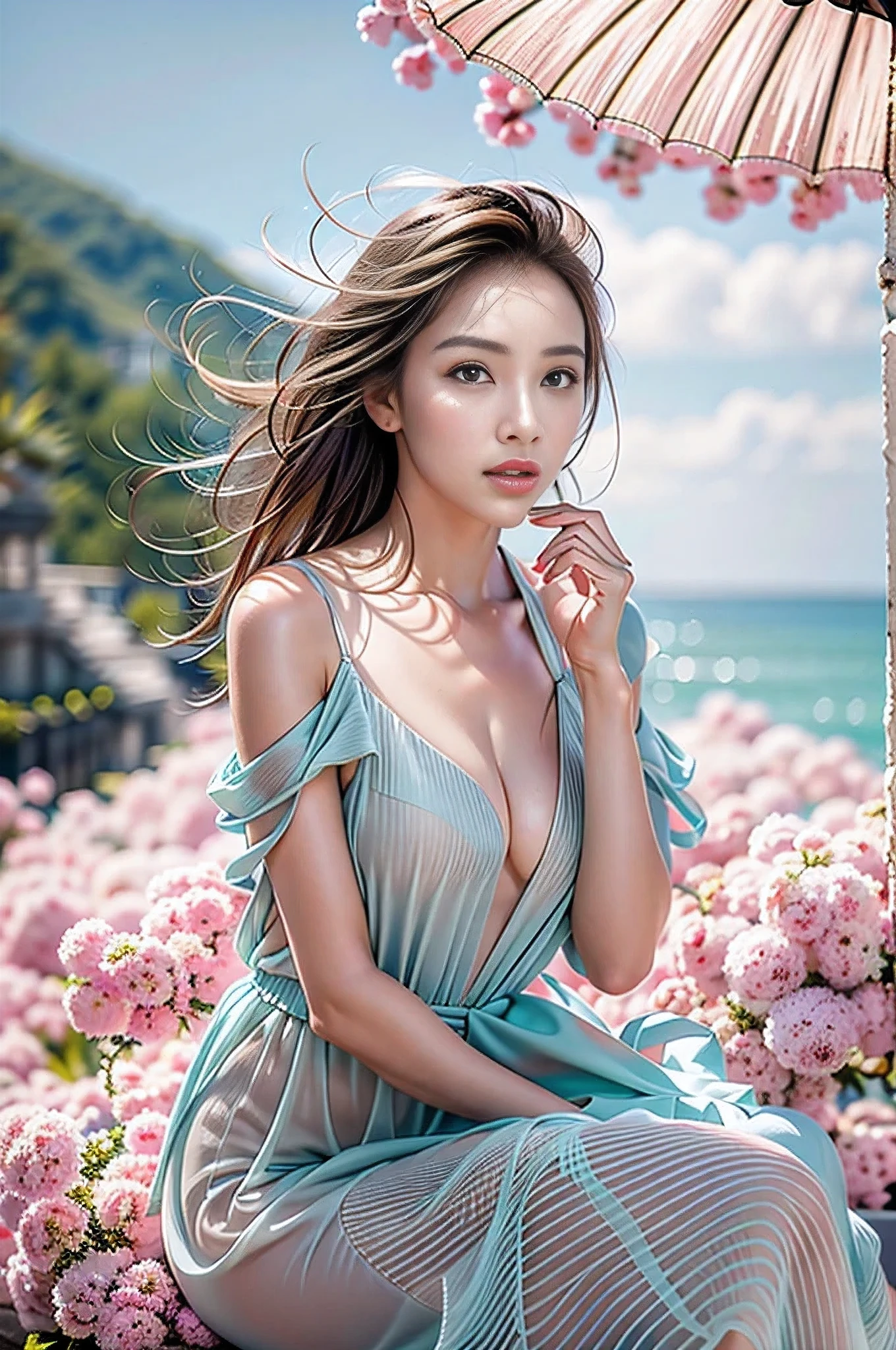 ((Ultra-realistic最high quality))16k resolution, ((photo realistic:1.55)), (1girl:1.4) 21years old、fashion supermodel、cinematic lighting, (Increase quality:1.2), (best quality real texture skin:1.2), Beautiful and charming woman in fashion trend, full body: 1.6, holding flowers, random hairstyle, sitting under a parasol, by the sea, tight slip dress random color, wind blowing hair, blue sky and white clouds, delicate sexy collarbone, covering chest, charming goose egg face, double eyelids, smart peach blossom eyes, pink lips, small upturned nose, bare shoulders, focused face, face close-up, ultra-high definition, super detail, ultra-thin translucency, fresh and good, see-through, pink