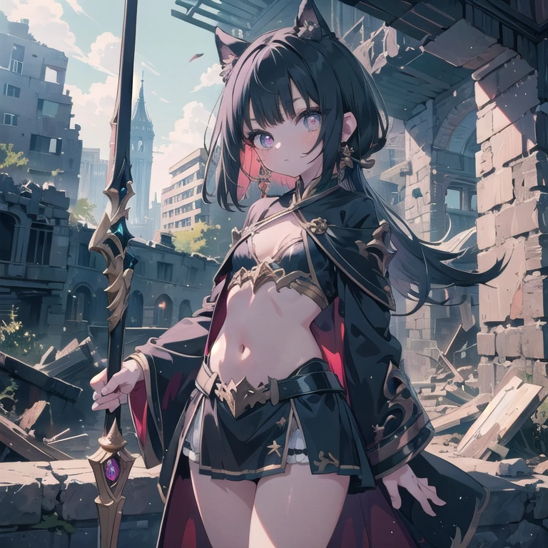 cute face, kawaii, cute, very big eyes, Aesthetic Anime Eyes, small face, cleavage, navel, thighs, (8k, masterpiece, best quality, ultra-detailed), 1girl, solo, darkpriest, robe/tabard, holding staff, DarkFantasy, ruins, dark, ((()))