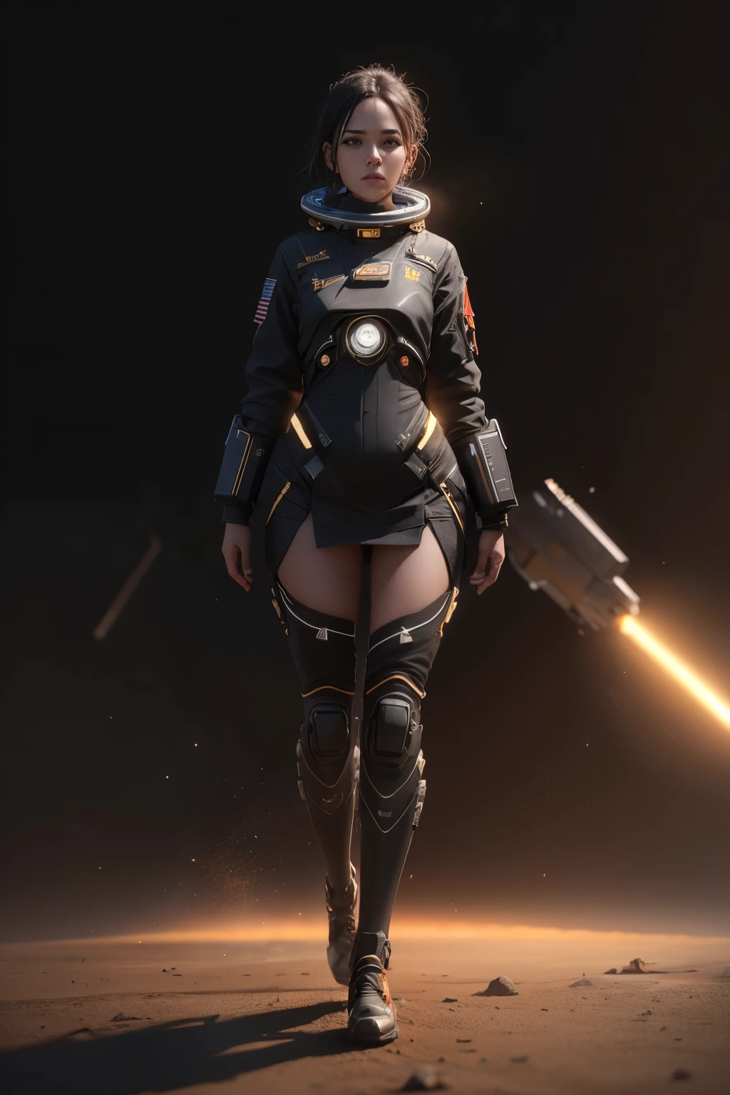 A long shot of a cinematic photo of a female space, simple black background, full body, octane render, high quality, 24k photorealistic, good face