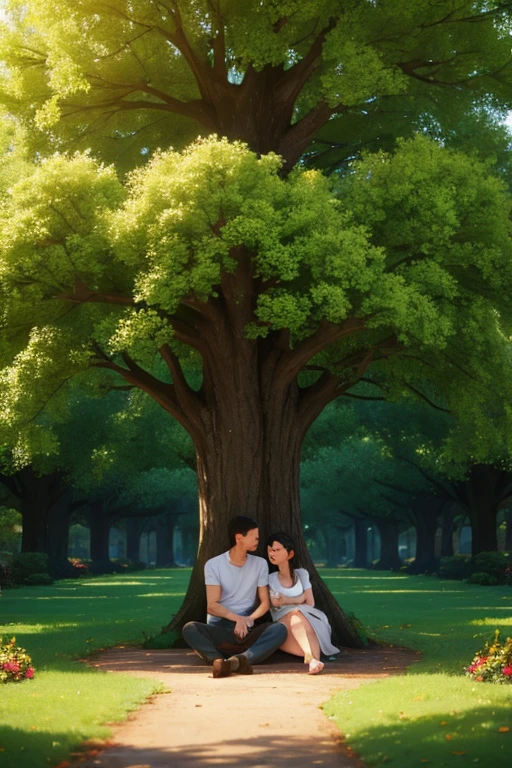 couple of lovers are lying under a huge tree in another world