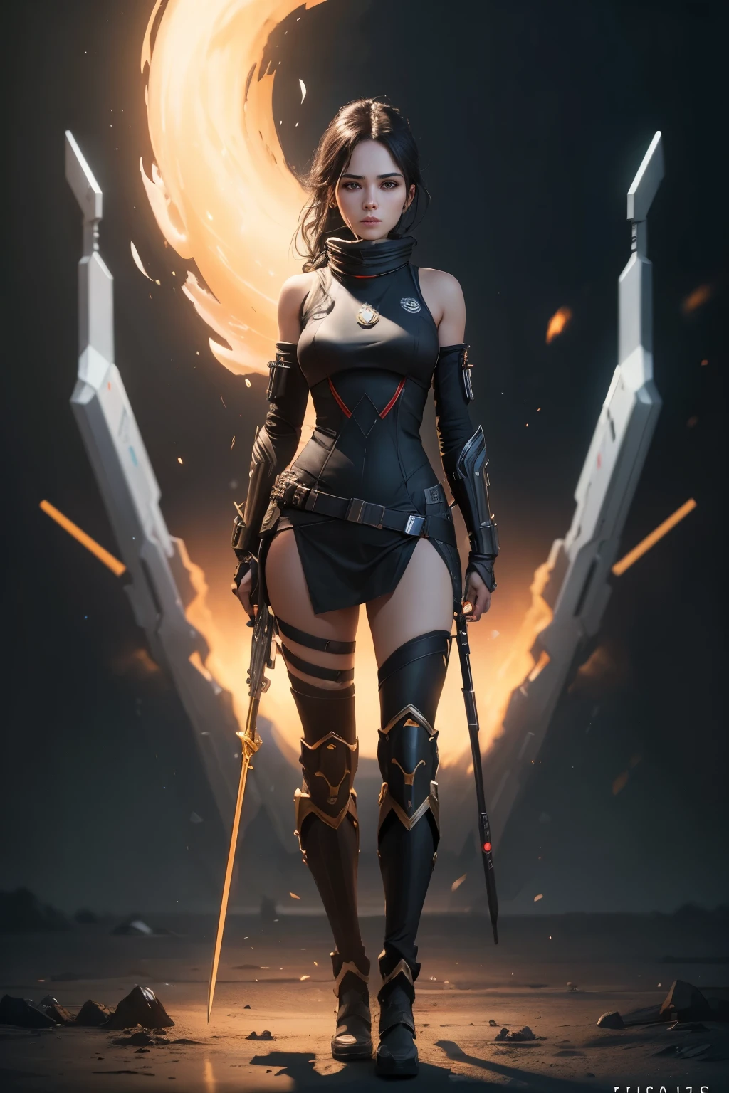 A long shot of a cinematic photo of a female space with a big firing sword, full body, black simple background, octane render, high quality, 24k photorealistic, good face, Iranian