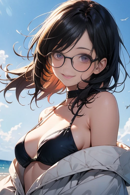 Light reflects on the hair and makes it shiny、Backlight、face light、Close-up light on chest、Beach 1,9、random bikini、I don&#39;t wear pantyhose1,9、big round glasses、round face、young face、small nose、bright smile、reddish brown hair、fine hair、Spread short layered bob、hair spreading in the wind、hair is shiny、short braided hair、masterpiece, confused, highest quality, Super detailed, High resolution, Detail view, very beautiful detailed face and eyes, bright colors, 1 girl, Beautiful lighting, cute face, delicate beautiful face, Bright magenta eyes, cute eyes, sparkling eyes, Big eyes, medium breasts, (perky chest:1.1), (pointed chest:1.1), medium hips, glamorous body, white skin, smile, break, long bob cut, (blonde hair:0.8), messy hair, thin hair, shiny hair, break off shoulder sweater, small ribbon, Real World, Natural light, perfect lighting,perfect natural light、
