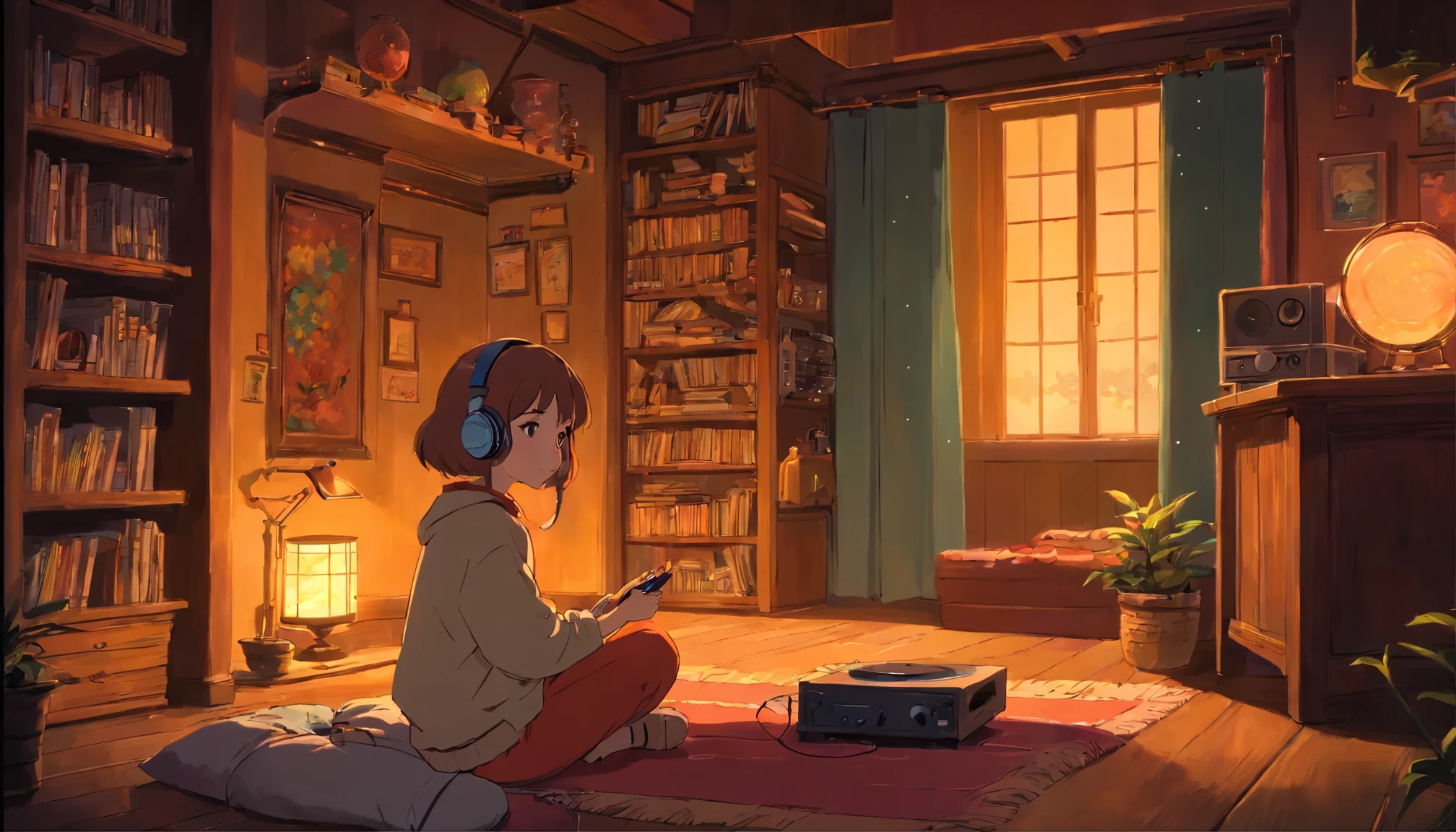 Girl sitting listening to music in a cozy room at night, Usando fones de ouvido, Anime estilo 2D, Lo-fi, disco Rigido, Ambiente escuro
