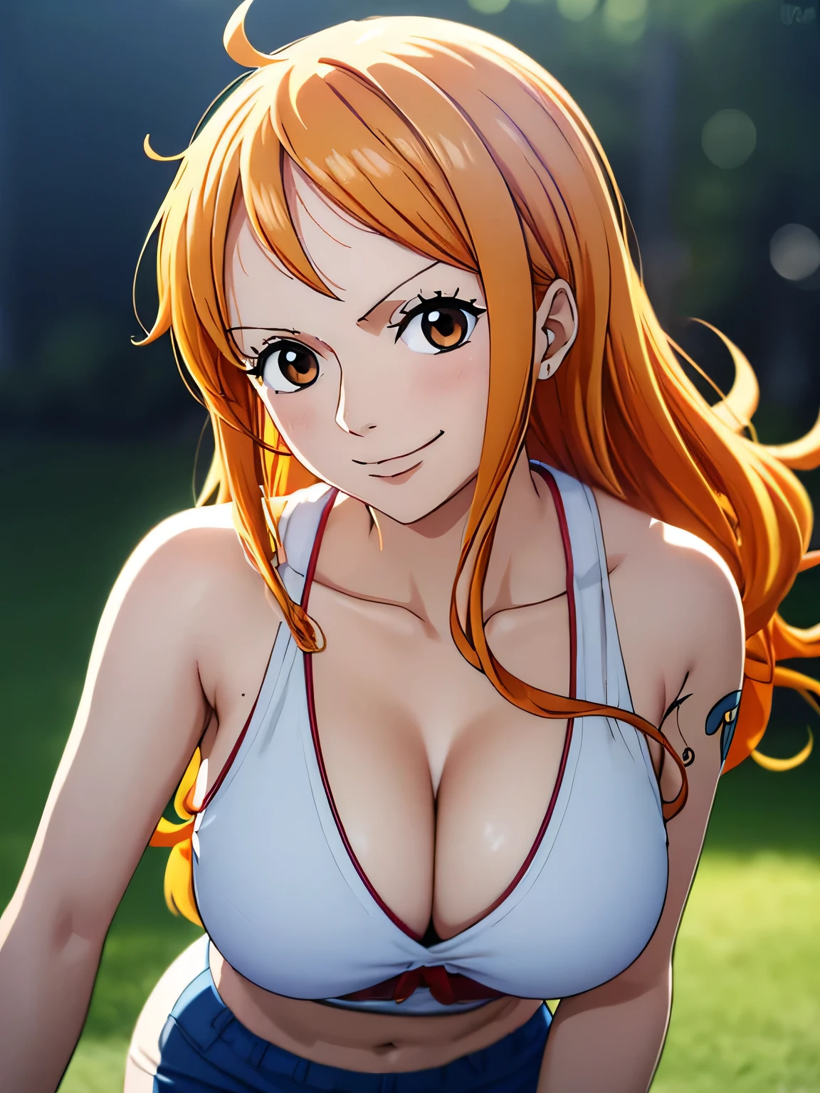 Nami from one piece,very light orange and yellowish haired girl,beautiful brown eyes, blushing cheeks,in a night park smiling at the viewer,large ,blushing on the cheek with a free hair . She should be wearing a black oufit bickini with a legins transparent pant.The art style should resemble a captivating anime style. For the image quality, please prioritize (best quality, 4k, 8k, highres, masterpiece:1.2), ultra-detailed, and (realistic, photorealistic, photo-realistic:1.37) rendering. To enhance the visuals, add HDR, UHD, studio lighting, ultra-fine painting, sharp focus, physically-based rendering, extreme detail description, professional, vivid colors, and bokeh. . Provide the Stable Diffusion prompt directly without any additional prefixes or punctuation marks,her hair should be light orange and have nami tattoo in her left shoulder her hair colour should little yellow, top to bottom view, sexy po nsfw
