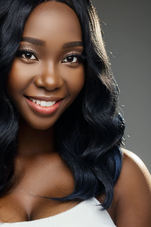 Tight close-up portrait of a beautiful African lady with a beautiful smile, curvy body, who's wearing a black bonestraight wig, masterpiece, 8k photorealism, well-detailed, wearing a beautiful outfit. studio setting, white studio background, studio lighting