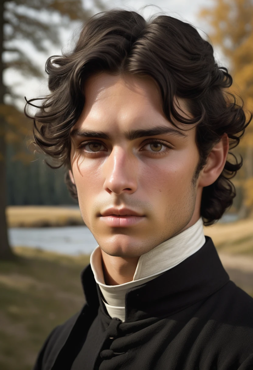 (highly detailed, detailed skin, detailed eyes, soft light, photorealistic, dynamic light; cinematic); victorian era; 1820s; 25 years old man; Spanish-English mix; 1820s Anglican priest; incredibly attractive; dark and brooding air; masculine yet beautiful; helpless longing stare; Adonis; moody; intense; Spanish nose; sensual; amorous air; very attractive; lean figure; olive skin; stubble; hazel-green eyes; thick strong dark-brown eyebrows; long shaped 1820s sideburns; short tousled dark-brown wavy hair; full luscious moist lips, parted; mouth slightly open; standing in a rustic 1820's Canadian riverside settlement in fine weather; sunshine in hair; wearing an 1820's Anglican priest's cassock and collar; looking at camera