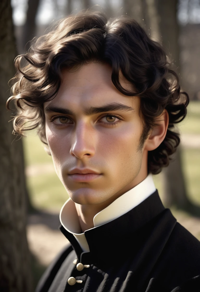 (highly detailed, detailed skin, detailed eyes, soft light, photorealistic, dynamic light; cinematic); victorian era; 1820s; 25 years old man; Spanish-English mix; 1820s Anglican priest; incredibly attractive; dark and brooding air; masculine yet beautiful; helpless longing stare; Adonis; moody; intense; Spanish nose; sensual; amorous air; very attractive; lean figure; olive skin; stubble; hazel-green eyes; thick strong dark-brown eyebrows; long shaped 1820s sideburns; short tousled dark-brown wavy hair; full luscious moist lips, parted; mouth slightly open; standing in a rustic 1820's Canadian riverside settlement in fine weather; sunshine in hair; wearing an 1820's Anglican priest's cassock and collar; looking at camera