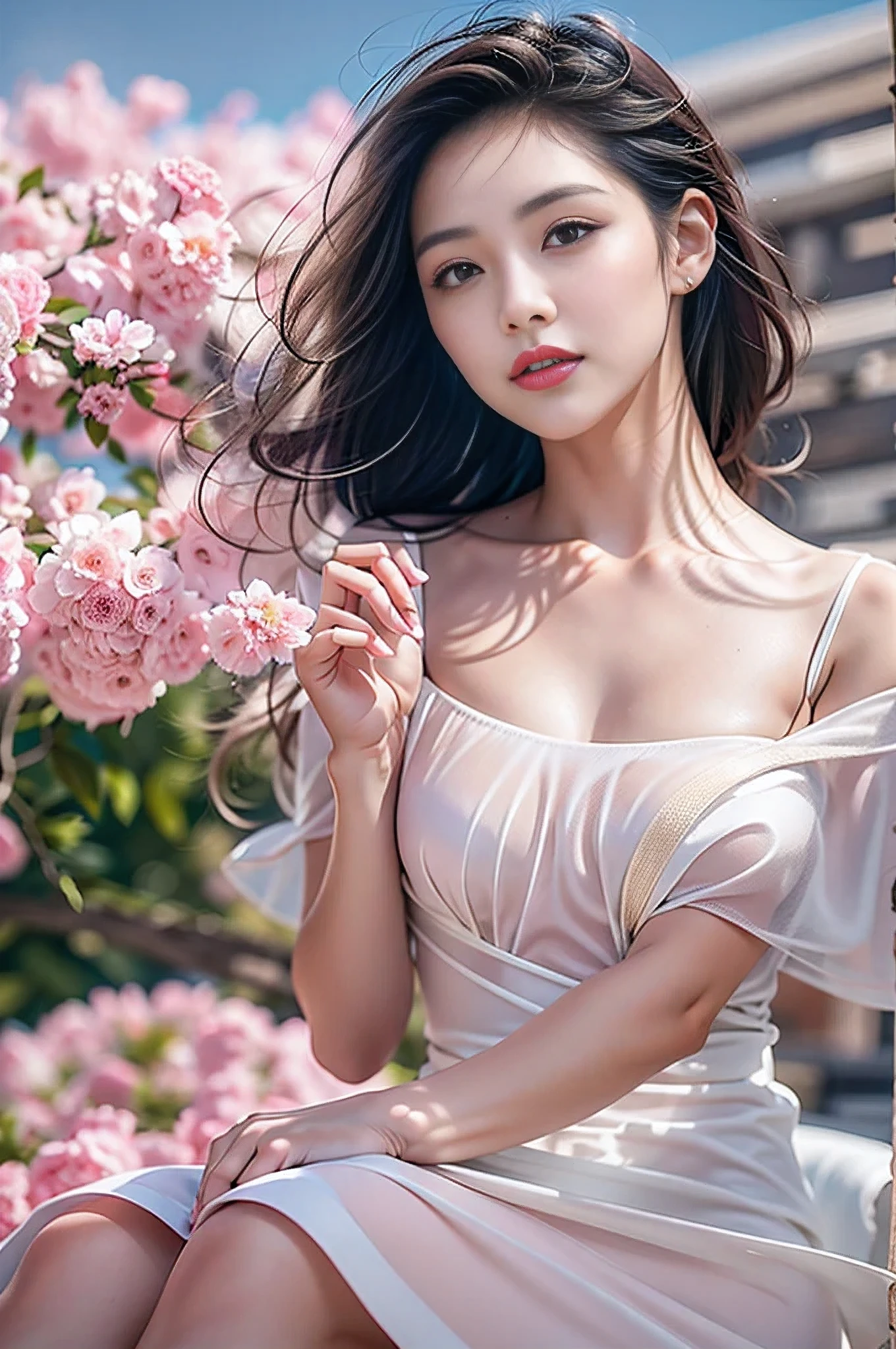 ((Ultra-realistic最high quality))16k resolution, ((photo realistic:1.55)), (1girl:1.4) 21years old、fashion supermodel、cinematic lighting, (Increase quality:1.2), (best quality real texture skin:1.2), Beautiful and charming woman in fashion trend, full body: 1.6, holding flowers, random hairstyle, sitting under a parasol, by the sea, tight slip dress random color, wind blowing hair, blue sky and white clouds, delicate sexy collarbone, covering chest, charming goose egg face, double eyelids, smart peach blossom eyes, pink lips, small upturned nose, bare shoulders, focused face, face close-up, ultra-high definition, super detail, ultra-thin translucency, fresh and good, see-through, pink