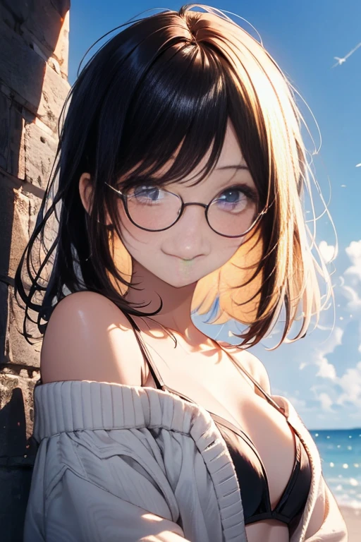 Light reflects on the hair and makes it shiny、Backlight、face light、Close-up light on chest、Beach 1,9、random bikini、I don't wear pantyhose1,9、big round glasses、round face、young face、small nose、bright smile、reddish brown hair、fine hair、Spread short layered bob、hair spreading in the wind、hair is shiny、short braided hair、masterpiece, confused, highest quality, Super detailed, High resolution, Detail view, very beautiful detailed face and eyes, bright colors, 1 girl, Beautiful lighting, cute face, delicate beautiful face, Bright magenta eyes, cute eyes, sparkling eyes, Big eyes, medium breasts, (perky chest:1.1), (pointed chest:1.1), medium hips, glamorous body, white skin, smile, break, long bob cut, (blonde hair:0.8), messy hair, thin hair, shiny hair, break off shoulder sweater, small ribbon, Real World, Natural light, perfect lighting,perfect natural light、