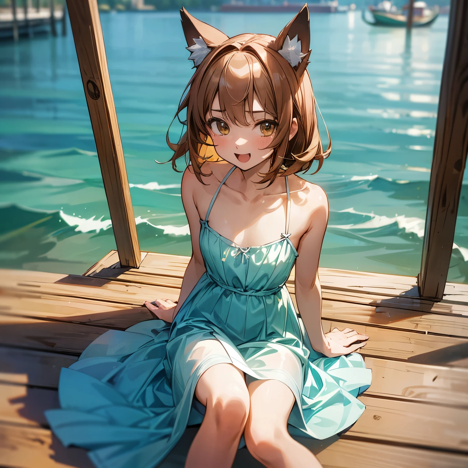 (Chibi Chibi: 1.3), Solo, Full Body, Shiny Yellow Bikini, Lying Down, Highly Detailed Face, (Smile: 1.4), Lively, (Gravure Pose: 1.5), Beautiful Detailed Eyes, Looking Up, (Eye Match), Light Brown Long Hair, Cat Ears, Neon, Masterpiece, Top Quality, Highly Detailed 8k Wallpaper