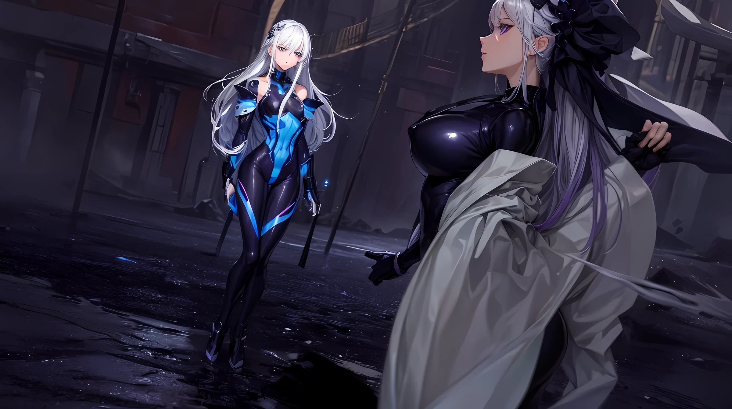 (Best quality, high definition, masterpiece:1.2), anime art style, white hair, purple eyes, shoulder length hair, , full body, high quality face.