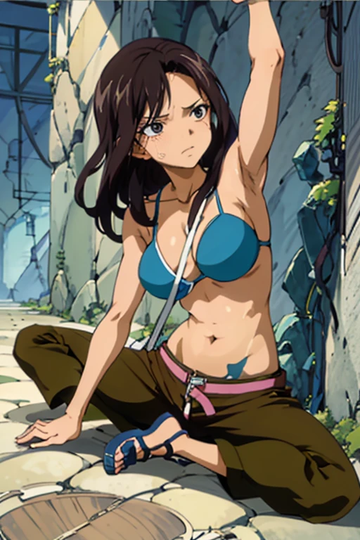 Imagine a stunning anime girl with tan skin, wearing a bikini top and cargo pants, lying on the floor in a state of starvation and discomfort. Her ribs are visible and her sweat glistens in the light, a range of styles and variations to choose from for this stylistic rendering.