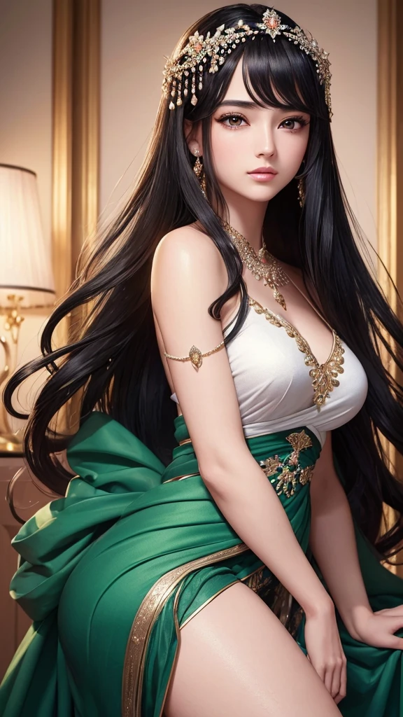 (Behold a masterpiece in 8k high resolution,:1.2), Showcasing ultra-realistic and photorealistic illustration,:1.37, of a captivating girl with beautiful,extremely detailed eyes,:1.4, and lips,:1.5. Long, thick lashes frame her expressive eyes, which sparkle like jade gemstones. Black hair cascades down her back in soft waves.
Adorning her head is a delicate jasmine flower, adding a touch of elegance and charm,:1.2. She dons an Acmme outfit, specifically an open-collared white Acmme top