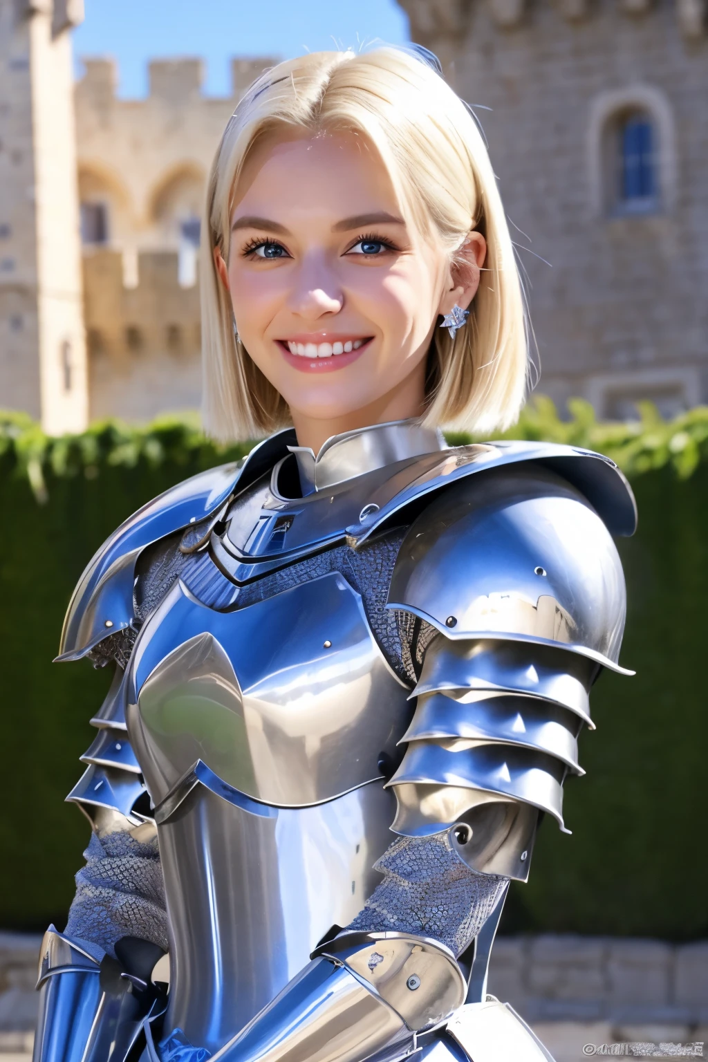 8K、highest quality、female knight、Luxurious Silver Armor、、hairstyle short cut、smile、smile、Full body photo、ear piercing、blonde、White woman、blue eyes、Heavy makeup、The background is the interior of the castle....