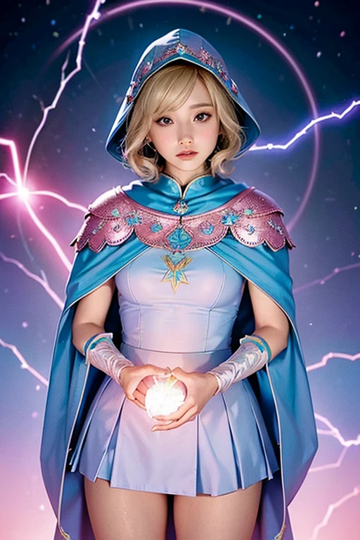 Female blond dark fantasy knight wearing an intricate elaborate futuristic light blue armor with elaborated pink ornaments, blue pointed hooded tunic no helmet, pink short cape, pink short mini skirt, wearing a short staff, pink lightning, pink eclipse, magic conjuring circle behind, ethereal lightning, sharp focus

