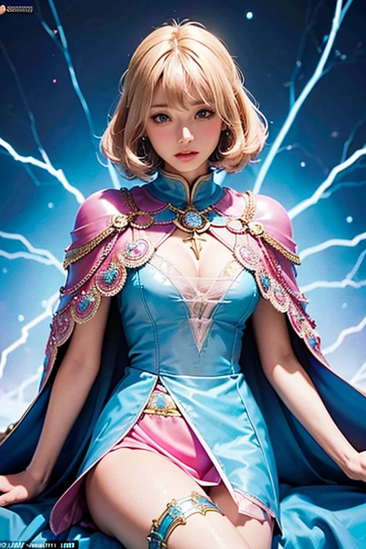 Female blond dark fantasy knight wearing an intricate elaborate futuristic light blue armor with elaborated pink ornaments, blue pointed hooded tunic no helmet, pink short cape, pink short mini skirt, wearing a short staff, pink lightning, pink eclipse, magic conjuring circle behind, ethereal lightning, sharp focus