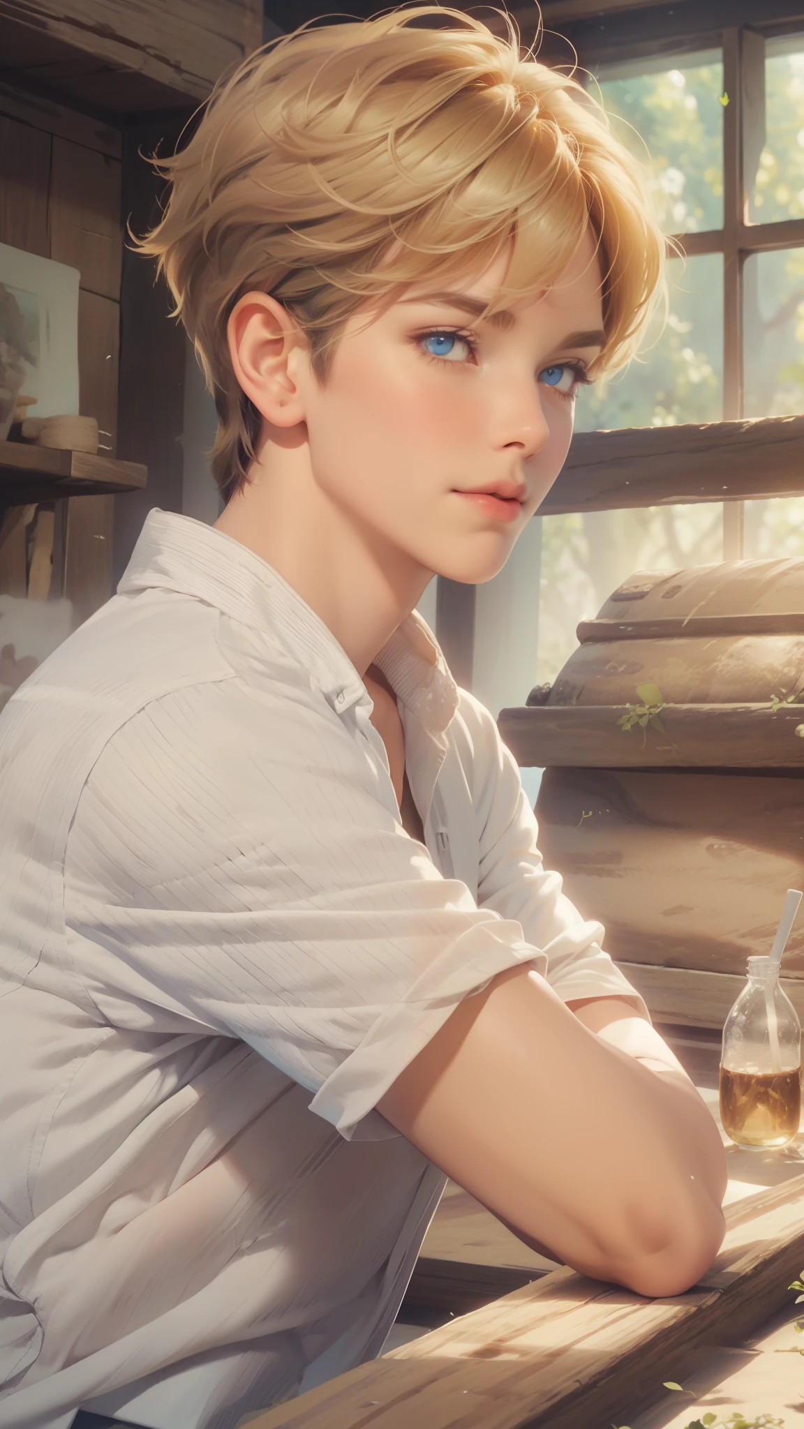 Best image quality, 4k, masterpiece, teenage male, white and tender skin, blonde floppy short hair, blue eyes, green and slightly mature, cute and soft, young, godly eyes, exquisite hair, look at the lens, face focus, smile, delicate facial features, front lighting, front light source, portraiture, face magnification, face close-up, above the shoulder, cute feeling, excellent posture to capture the sight, portrait painting effect, blue sky and white clouds, roses