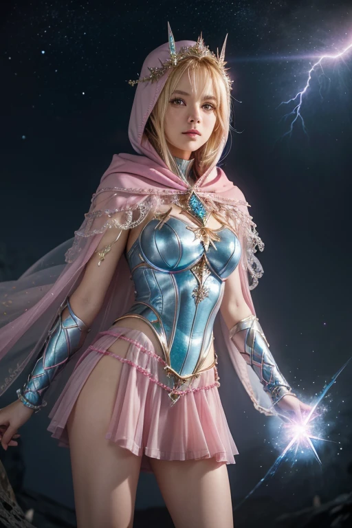 Female blond dark fantasy knight wearing an intricate elaborate futuristic light blue armor with elaborated pink ornaments, blue pointed hooded tunic no helmet, pink short cape, pink short mini skirt, wearing a short staff, pink lightning, pink eclipse, magic conjuring circle behind, ethereal lightning, sharp focus