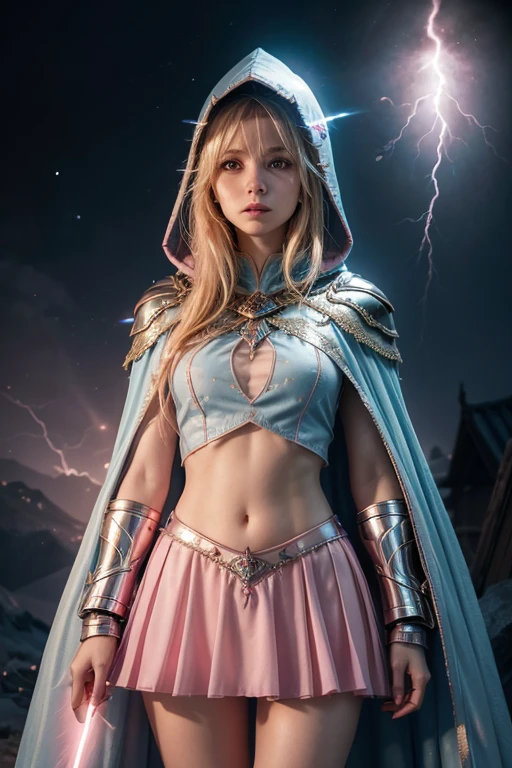 Female blond dark fantasy knight wearing an intricate elaborate futuristic light blue armor with elaborated pink ornaments, blue pointed hooded tunic no helmet, pink short cape, pink short mini skirt, wearing a short staff, pink lightning, pink eclipse, magic conjuring circle behind, ethereal lightning, sharp focus