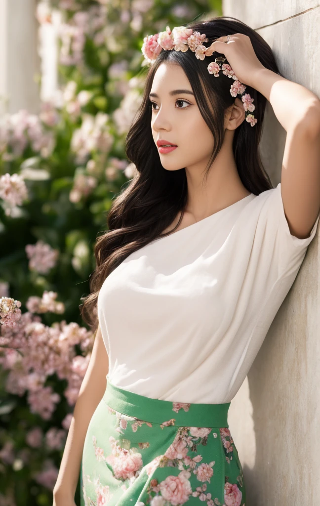 (best quality,8k,highres,masterpiece:1.2), ultra-detailed, (realistic,photorealistic,photo-realistic:1.37),illustration, girl,beautiful detailed eyes,beautiful detailed lips,extremely detailed eyes and face,long eyelashes, black hair, (((jasmine flower on the head:1.2))) , acmm ss outfit,acmm top,white acmm top,short sleeves,buttons,acmm long skirt,green printed acmm long skirt,artistic background,floral patterns,bright colors,pastel tones,soft lighting, ((arms behind the head:1.3))