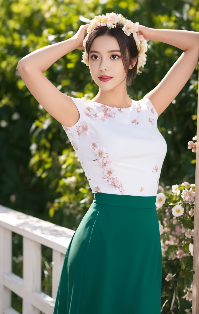 (best quality,8k,highres,masterpiece:1.2), ultra-detailed, (realistic,photorealistic,photo-realistic:1.37),illustration, girl,beautiful detailed eyes,beautiful detailed lips,extremely detailed eyes and face,long eyelashes, black hair, (((jasmine flower on the head:1.2))) , acmm ss outfit,acmm top,white acmm top,short sleeves,buttons,acmm long skirt,green printed acmm long skirt,artistic background,floral patterns,bright colors,pastel tones,soft lighting, ((arms behind the head:1.3))