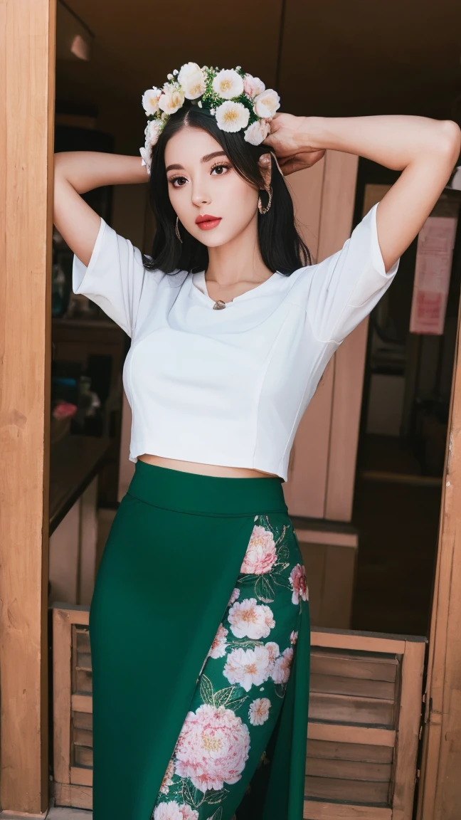 (best quality,8k,highres,masterpiece:1.2), ultra-detailed, (realistic,photorealistic,photo-realistic:1.37),illustration, girl,beautiful detailed eyes,beautiful detailed lips,extremely detailed eyes and face,long eyelashes, black hair, (((jasmine flower on the head:1.2))) , acmm ss outfit,acmm top,white acmm top,short sleeves,buttons,acmm long skirt,green printed acmm long skirt,artistic background,floral patterns,bright colors,pastel tones,soft lighting, ((arms behind the head:1.3))