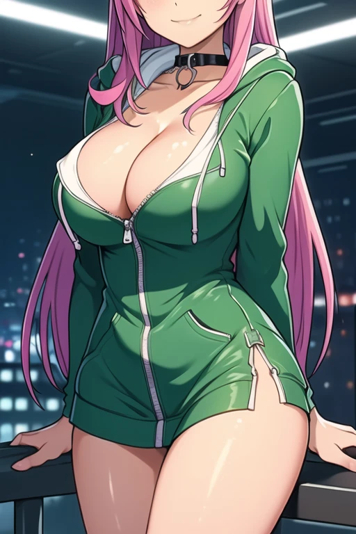 1 girl, 19 years old, Long pink hair, green eyes with slit pupils, master-piece, best quality, (standing up), (green hoodie), (long-sleeved, hoodie zipper short dress, cleavage),  (Big , ultra gigantic , Super super big, Glamorous body), Make eye contact with the camera, front figure, looking forward, (light_Smile:1.5), (Detailed hands and fingers:1.2) (Cyberpunk City), (FULL BODYSHOT), thighs thighs thighs thighs、beauty legs、Bare legs