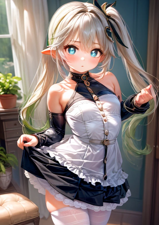 ((highest quality)), ((masterpiece)), (detailed), One Girl, Perfect Face, Baby Face, Small breasts, Cute face, blue eyes, Blonde, Thighs, shame, No makeup, Sharp focus, Face Light, Bright lighting, detailedな顔, Narrow waist, With legs apart, 30 denier black pantyhose