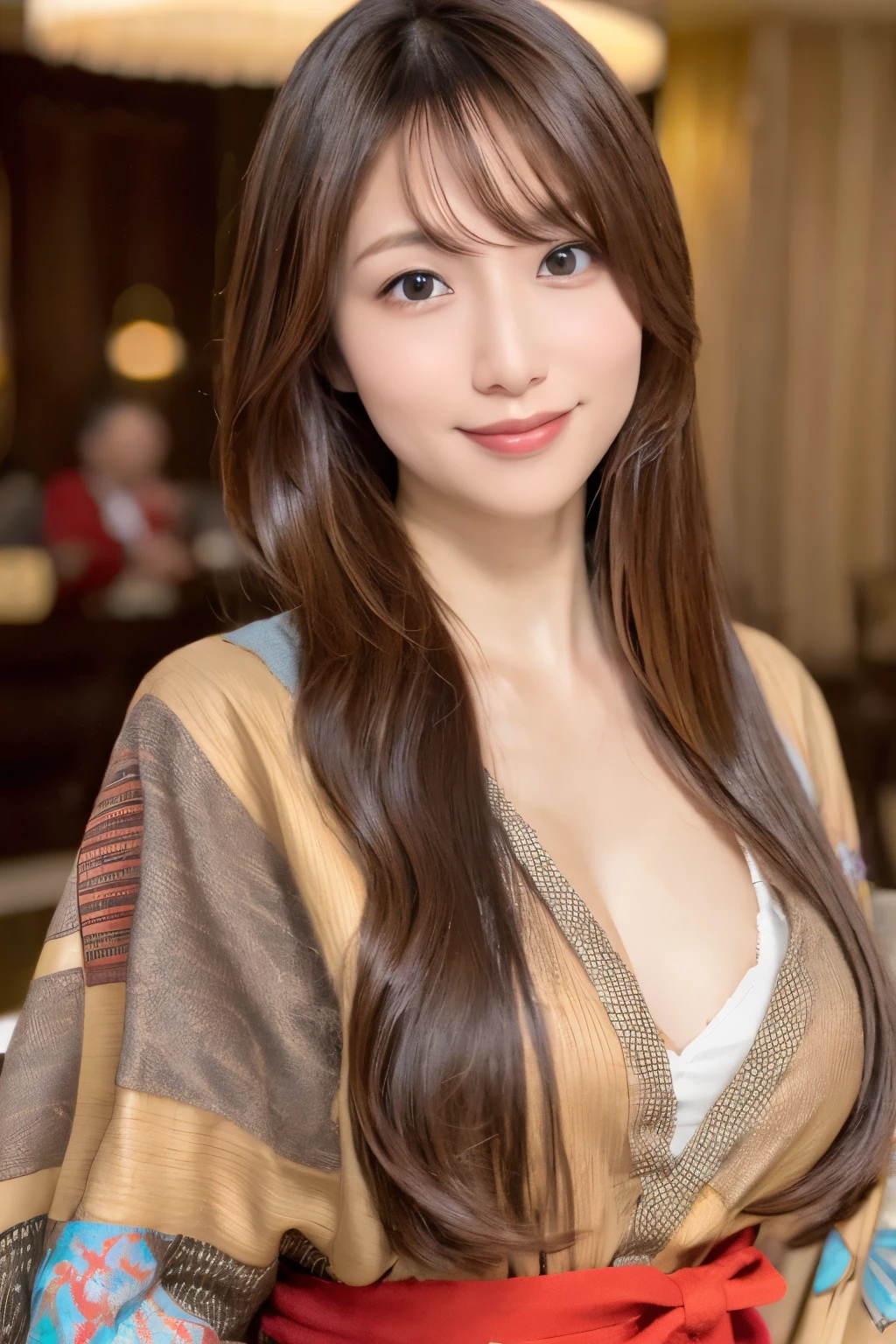 Top quality, Masterpiece, high resolution, realism, original photography, 8k wallpaper, flawless, professional lighting, Very detailed, depth of field, ((a skinny Japanese woman)), ((40 year old sexy woman)), (In the hotel lobby), ((Dresses with gorgeous colors and patterns)), ((look at the audience's eyes)), Detailed face, Beautiful eyes, (elegant standing posture), Bangs, Small breasts, very thin waist, light brown straight hair, (thick lips),