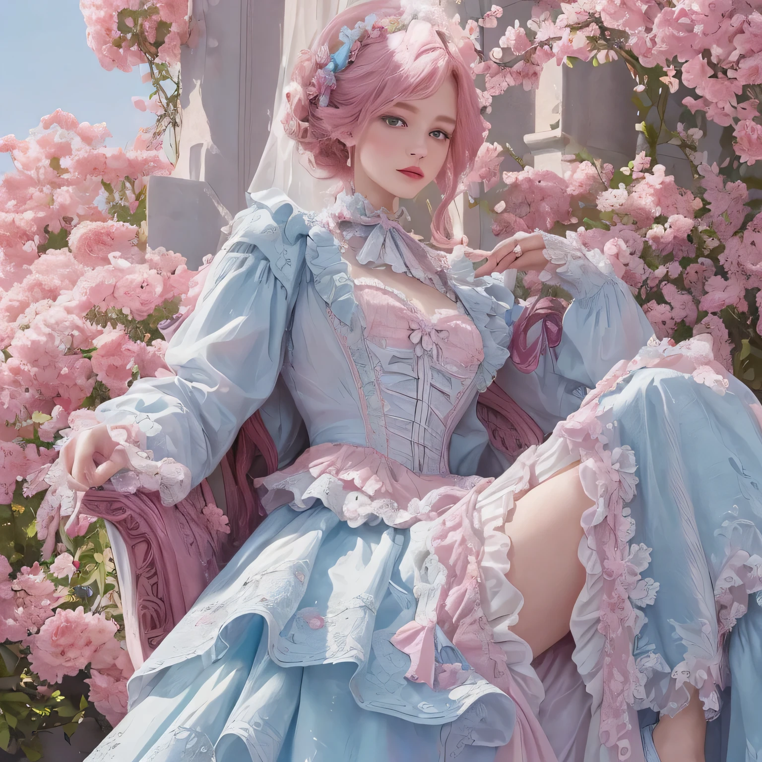 Best quality masterpiece, intricately crafted with the highest definition, a true piece of art, showing the man in all his super detailed glory, whole body revealed, clad in a stunning ball gown. The dress, a work of art in itself, is super detailed with long frills cascading down, reminiscent of many meadows in bloom, a vibrant shade of pink. The man's whole body is adorned with this voluminous and very detailed Victorian dress, the skirt filled with many frills, creating a mesmerizing sight. The color is a soft and soothing light blue, adding to the dreamlike quality of the scene. The man, with his whole body highlighted, is